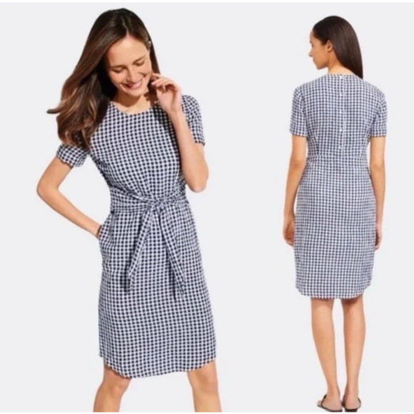 J McLaughlin Sadie Tie Waist Gingham Navy Linen Cotton Dress 12 Knee Length - Picture 1 of 7
